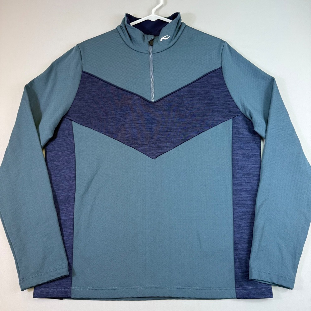 KJUS Damon Midlayer Half-Zip Mens XL Blue Colorblock Golf Grid Fleece Pullover